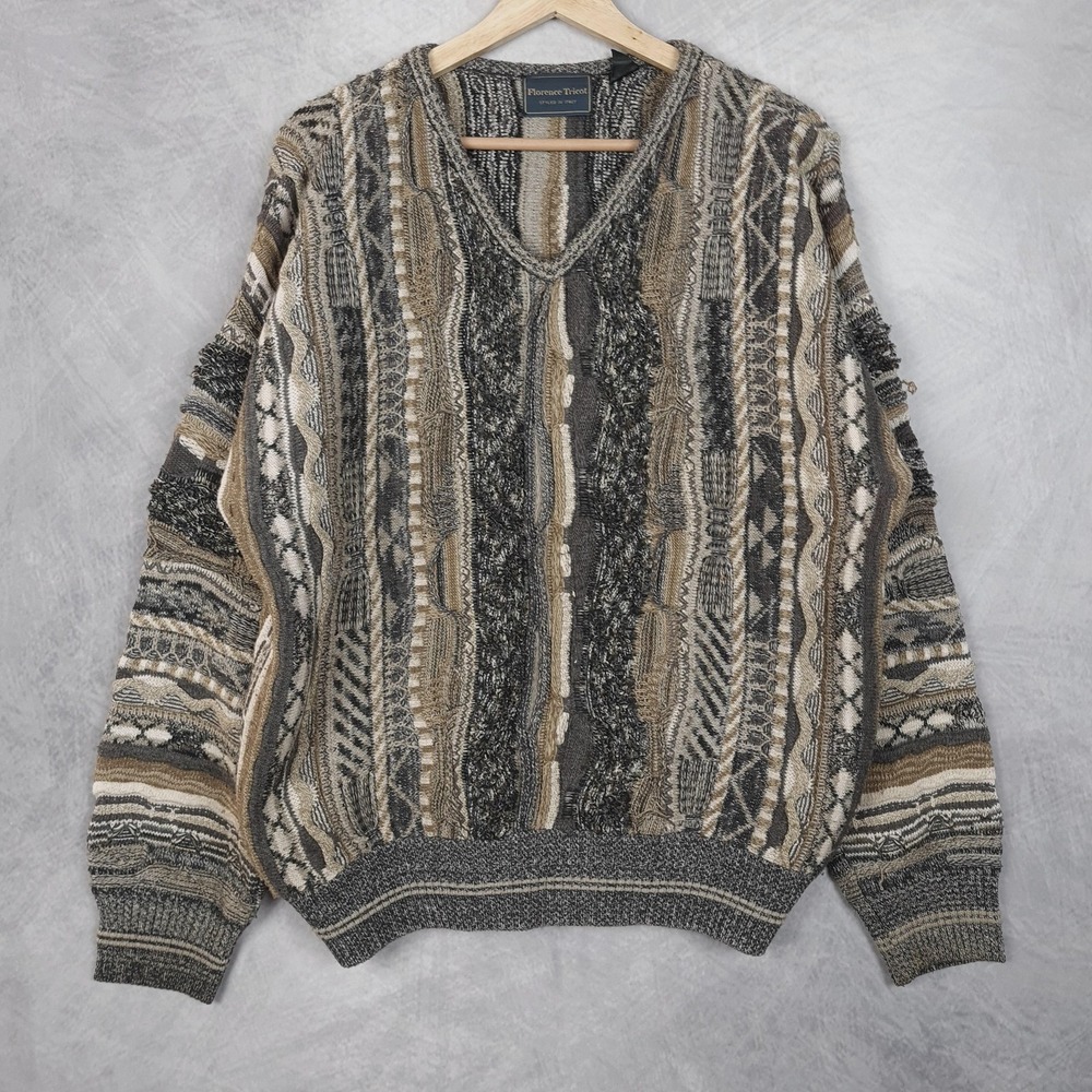 Florence Tricot Sweater Mens Medium Brown 3D Textured Knit V Neck Coogi Style